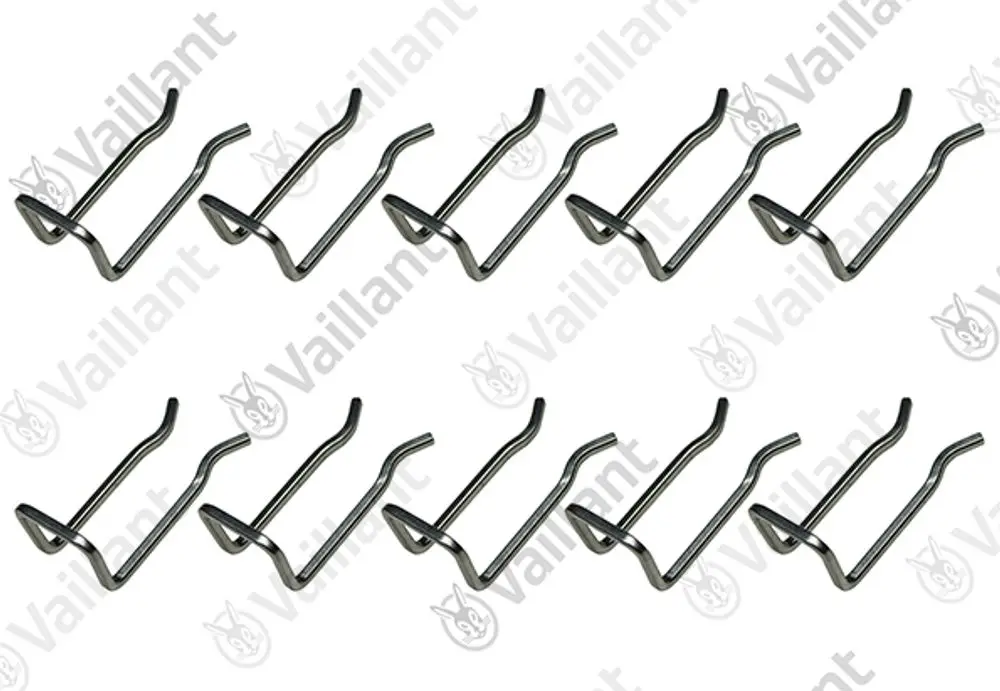 Vaillant Clips zur Befestigung, zehn Stück, als Modul zur Entkopplung, metallisch, in mehreren Reihen angeordnet.